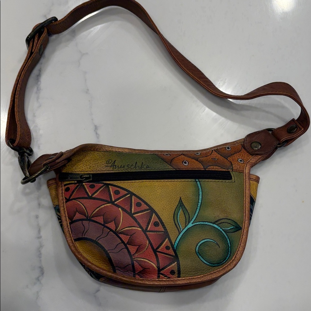 ANUSCHKA genuine leather flap shoulder bag hand painted colorful artsy brown - Picture 4 of 16
